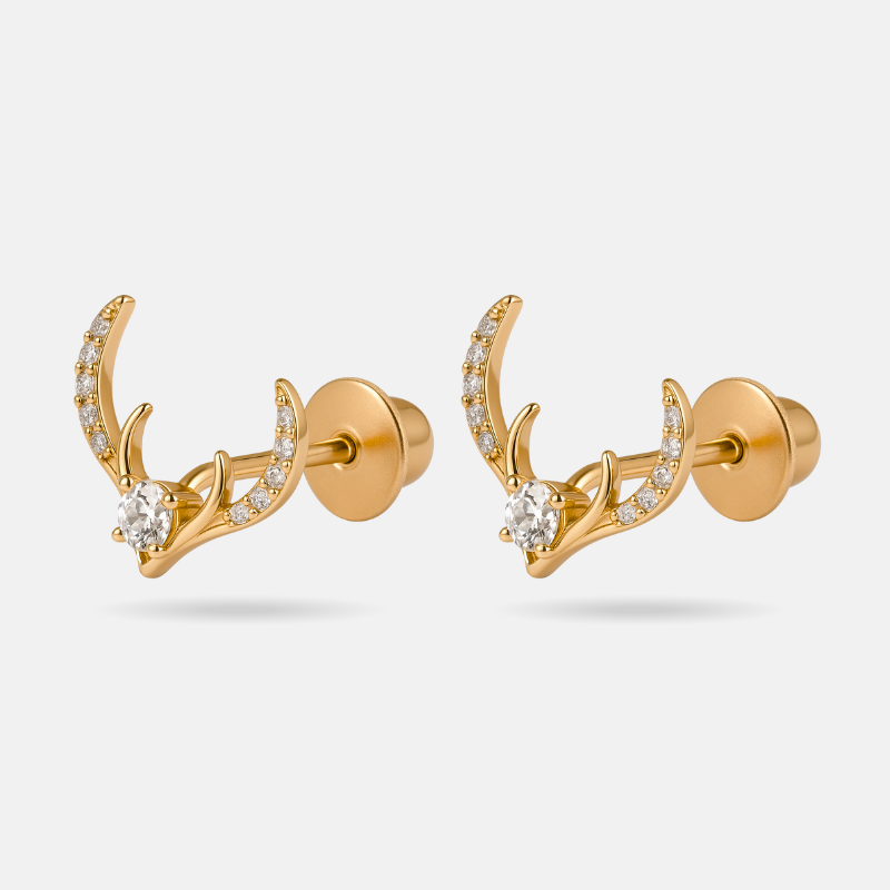 Gold Antler-Inspired Stud Earrings with Zircon Stones – Anti-Tarnish Minimal Jewellery by Twinkear