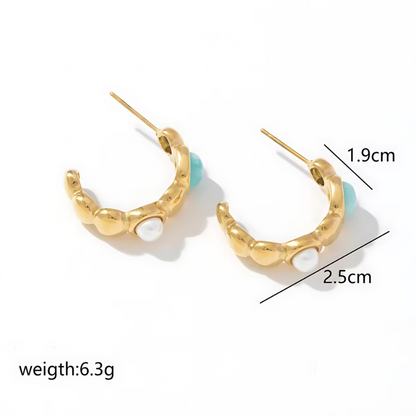 Gold Hoop Earrings with Turquoise & Pearl