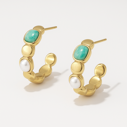 Gold Hoop Earrings with Turquoise & Pearl