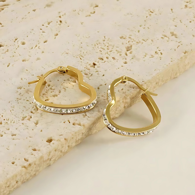 Gold Plated Heart Hoop Earrings with Zircon Stones | Anti-Tarnish, Waterproof Jewelry