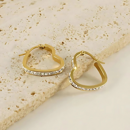 Gold Plated Heart Hoop Earrings with Zircon Stones | Anti-Tarnish, Waterproof Jewelry