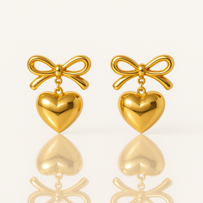 Golden Bowknot Heart Earrings