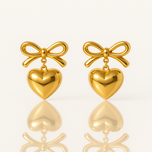 Golden Bowknot Heart Earrings