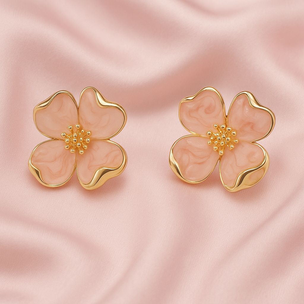 Golden Petal Blush Flower Stud Earrings
