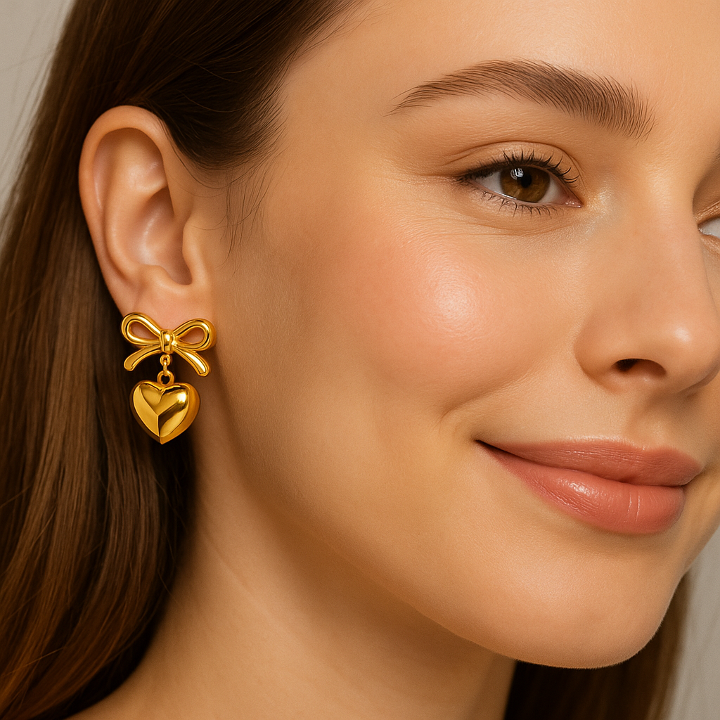 Golden Bowknot Heart Earrings