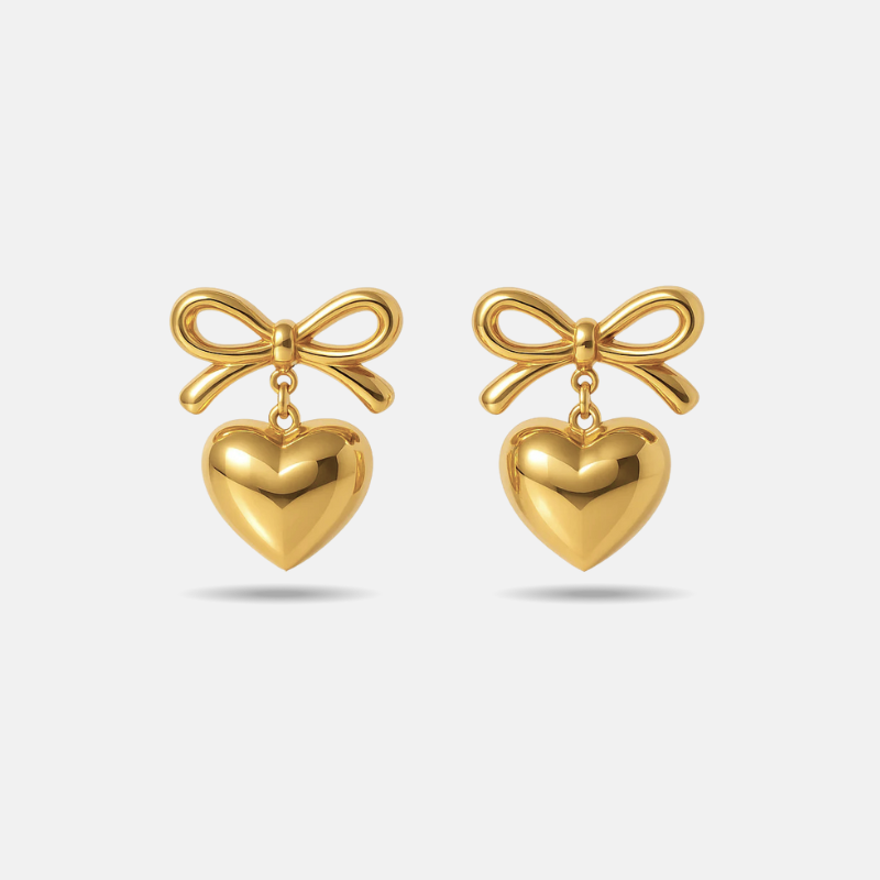 Golden Bowknot Heart Earrings