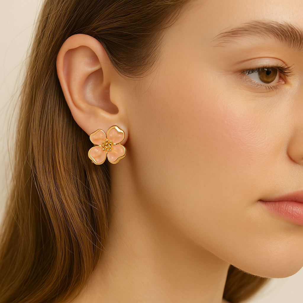 Golden Petal Blush Flower Stud Earrings