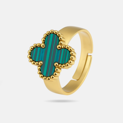 Green Clover Pearl Adjustable Gold Ring