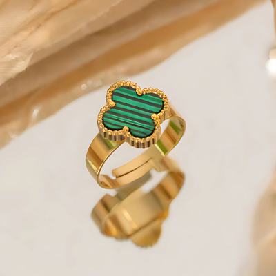 Green Clover Pearl Adjustable Gold Ring
