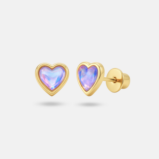Iridescent Heart Stud Earrings in Gold
