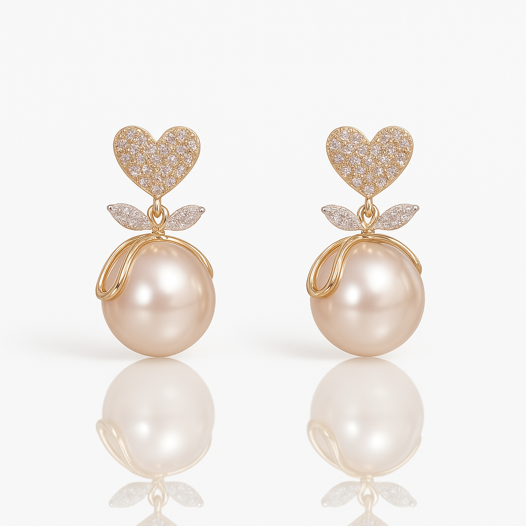 Romantic Pearl Drop Earrings with Heart & Leaf Detailing