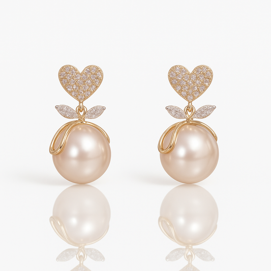 Romantic Pearl Drop Earrings with Heart & Leaf Detailing