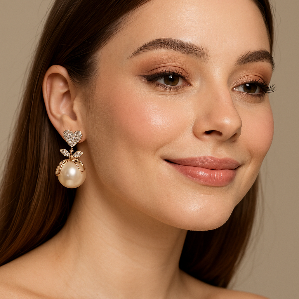 Romantic Pearl Drop Earrings with Heart & Leaf Detailing