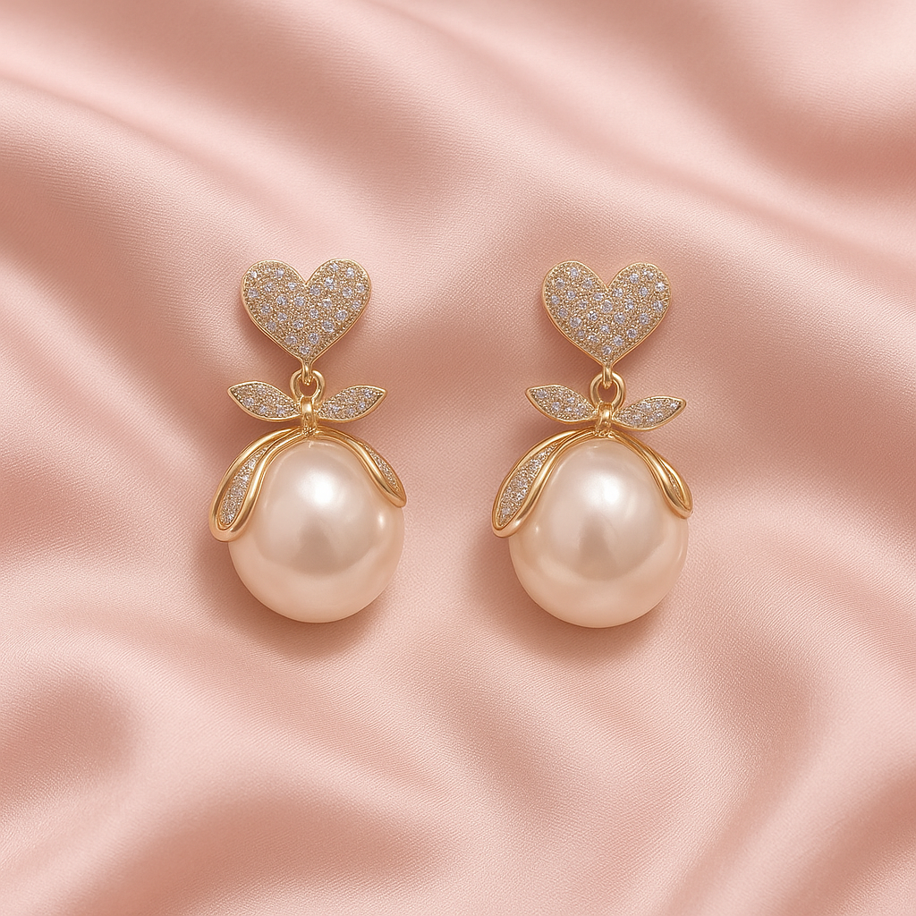 Romantic Pearl Drop Earrings with Heart & Leaf Detailing