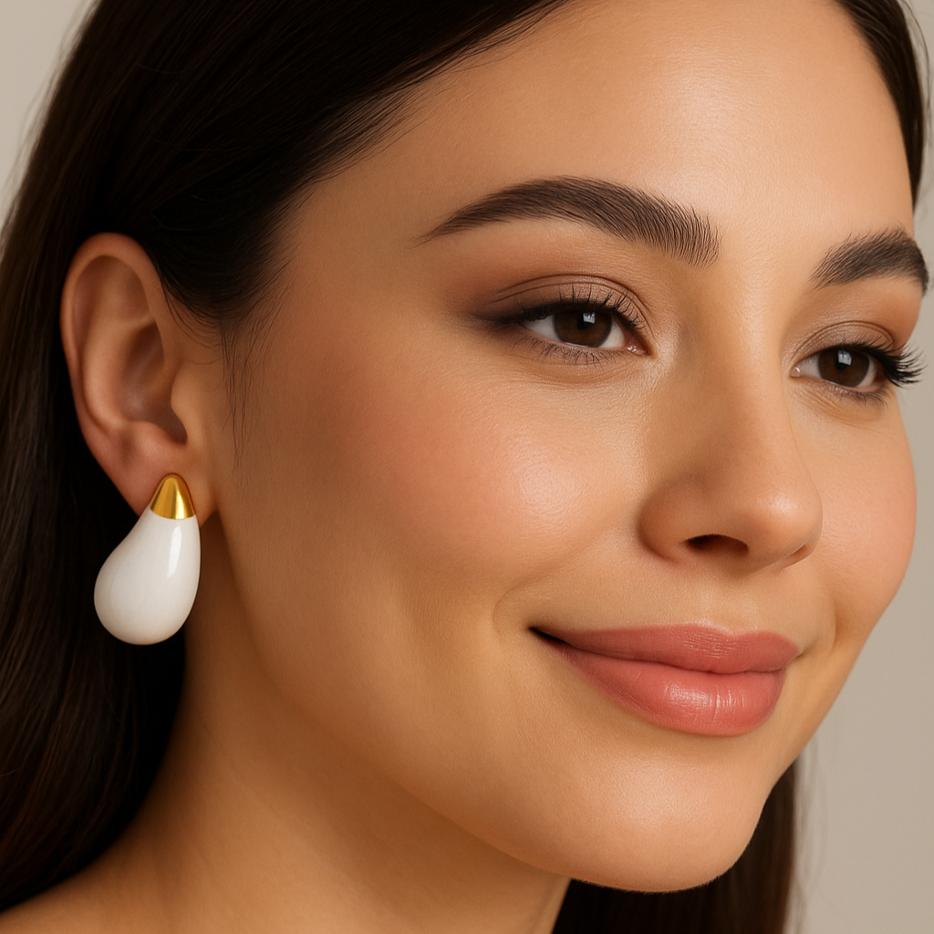 Sculptural White Enamel Teardrop Earrings with Gold Accents