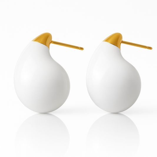 Sculptural White Enamel Teardrop Earrings with Gold Accents
