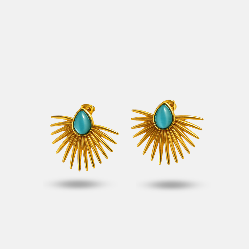 Aqua Stone Sunburst Gold Earrings