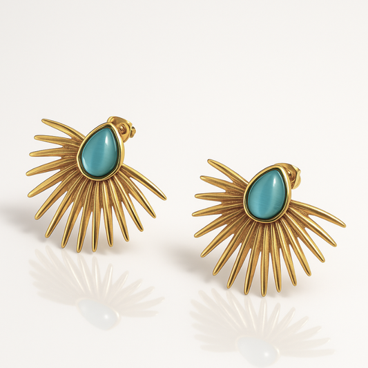 Sunburst Gold-Tone Earrings with Aqua Blue Stone