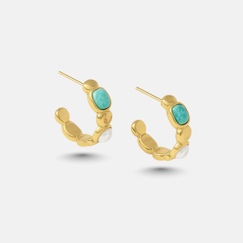 Turquoise & Pearl Gold Hoop Earrings