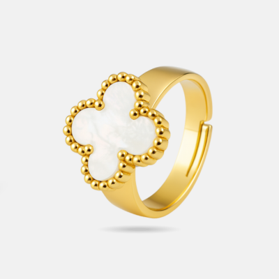 White Clover Pearl Adjustable Gold Ring